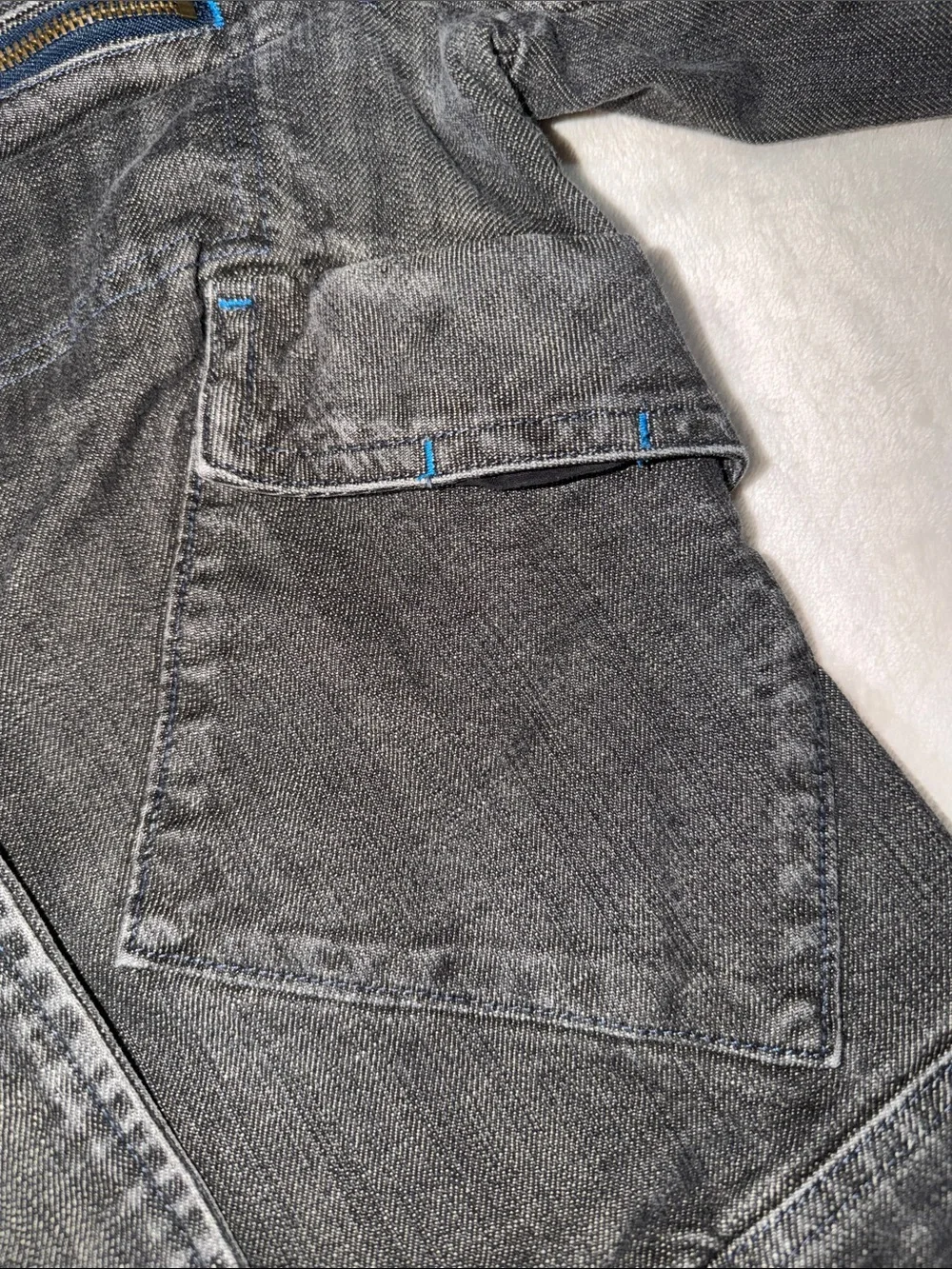 Free People Size 4 Y2K Grey Moto Denim Jacket Utility Zip Pockets Drawstring Hem